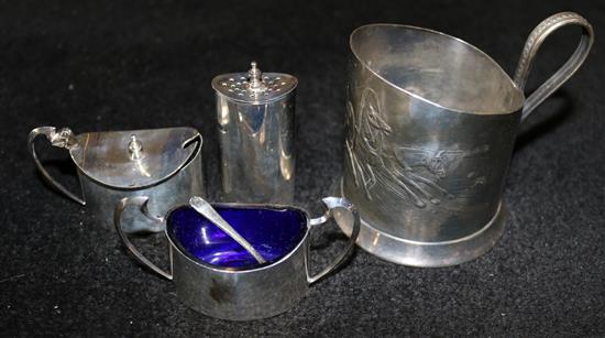 Silver 3 piece condiment set and plated mug